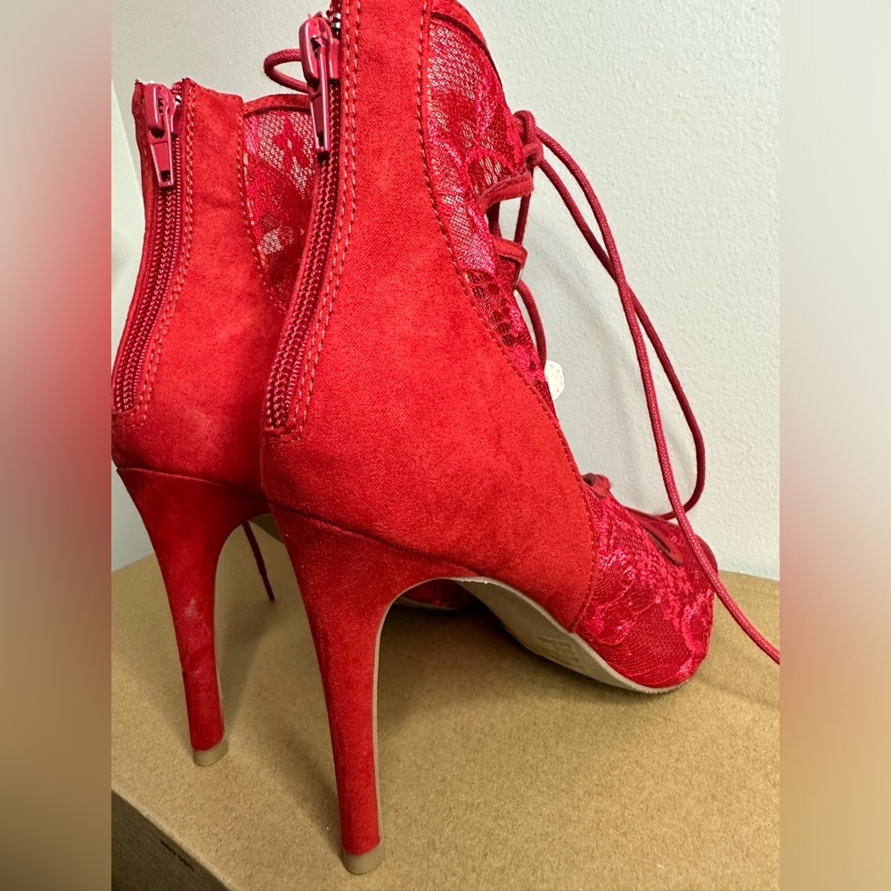 Red Wrap Around Ankle Lace Up Heels / Charlotte Russe